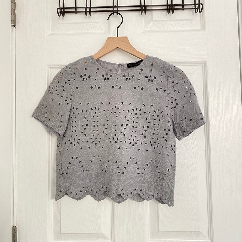 ZARA Basic Grey Eyelet Short Sleeve Crew Neck Sz S